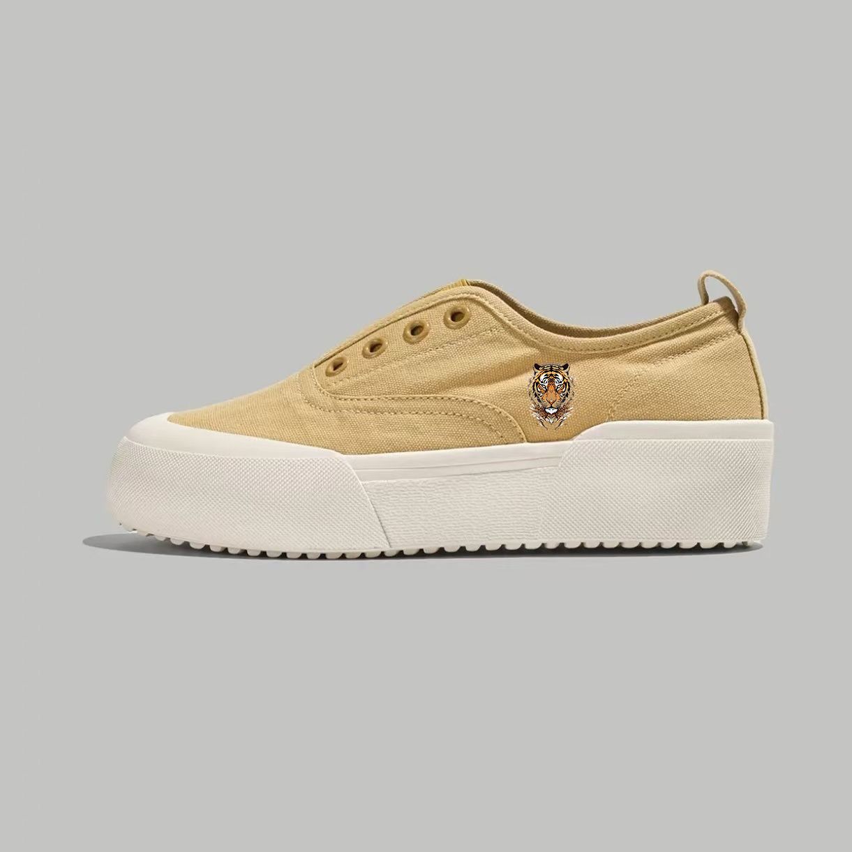 Beige Suede Slip-On Platform Sneakers with Detailed Tiger Embroidery